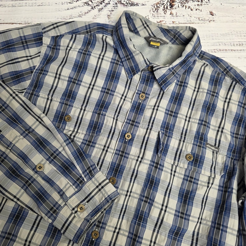Eddie Bauer Travex Shirt Mens Medium Blue Plaid Long Sleeve Button Up Seersucker